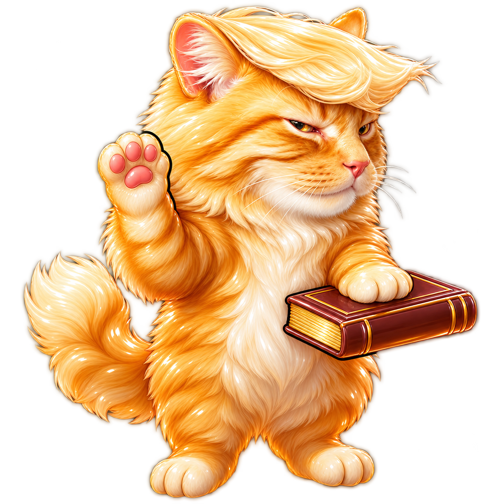 TrumpCat mid-oath, one paw raised, a leather book tucked under the other