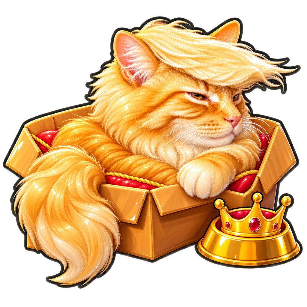 TrumpCat lounging in a cardboard box beside a tiny crown and gold bowl