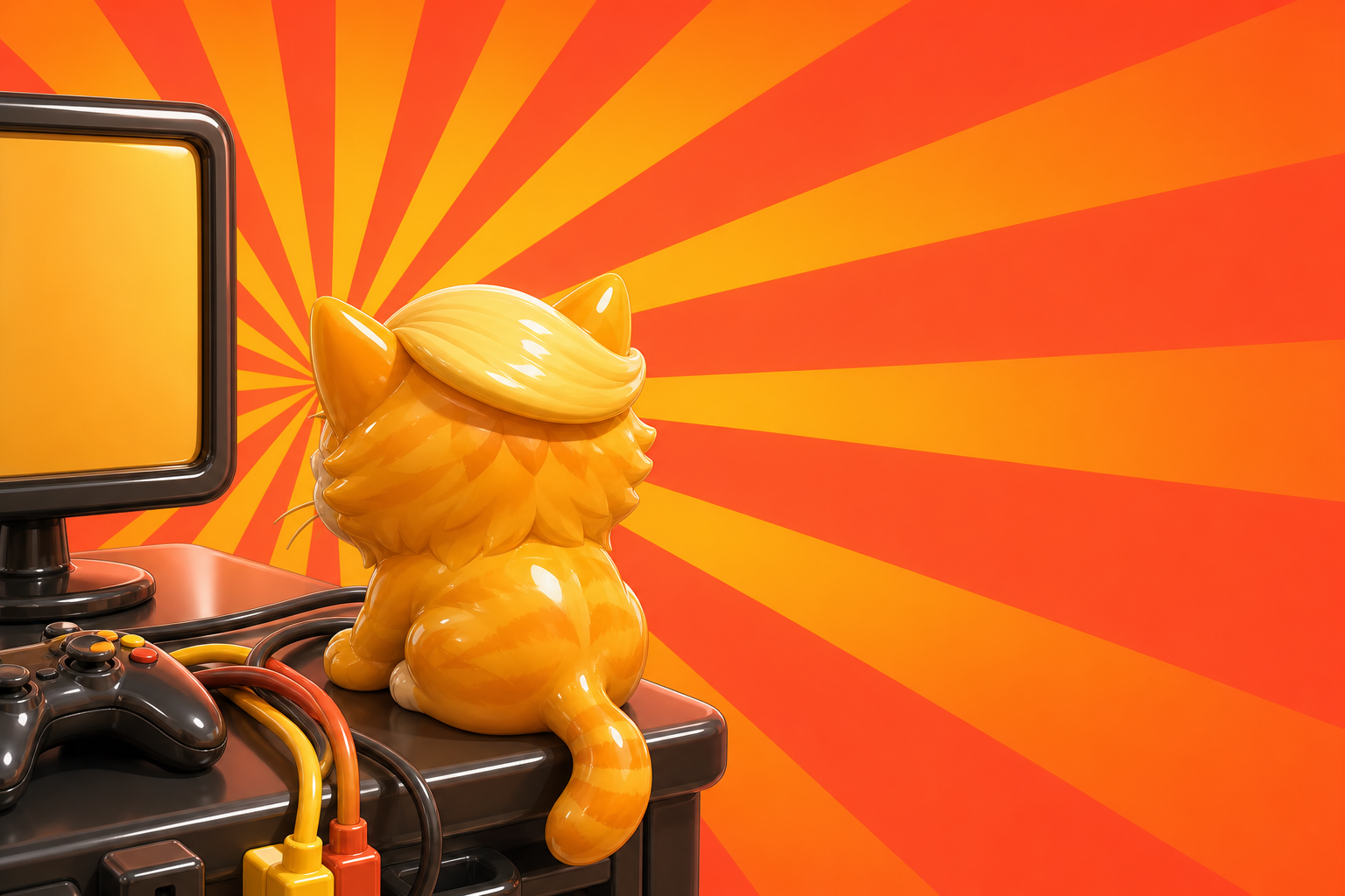Toy-glossy TrumpCat perched on top of a game console, sunburst backdrop, tail hanging off the edge